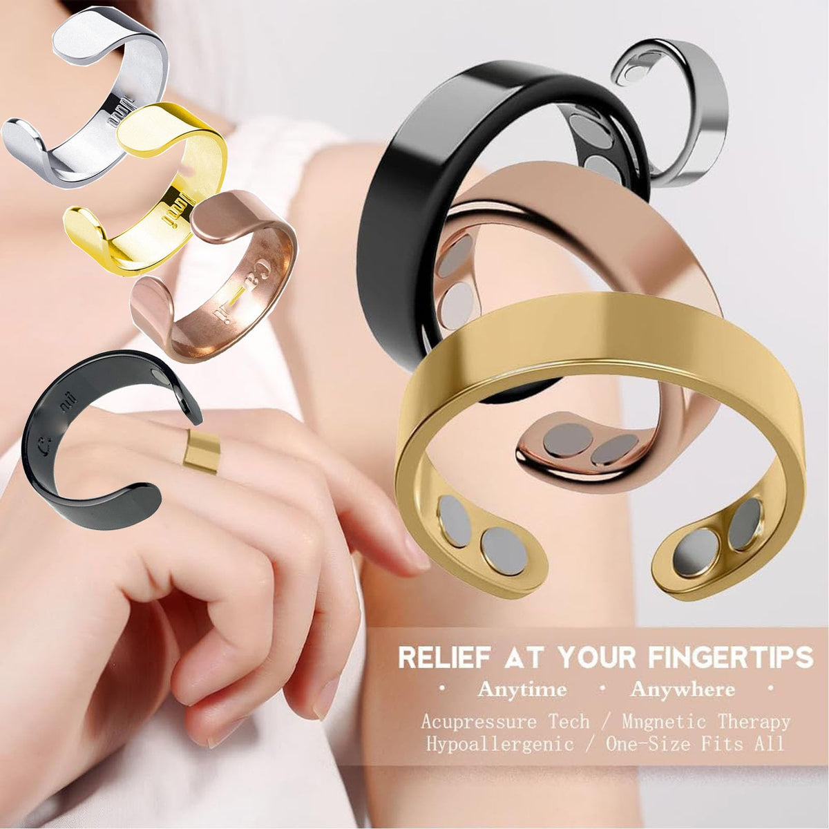 Refined Magnc Stainless Steel Auvulis Migraine Ring Magtherapy Lymphatic Drainage Rings Lymph Nodes Acupuncture Therapy Anti Snoring Rings Migraine Relief Health Jewelry for Men and Women(Gold&Silver&Rose Gold&Black)