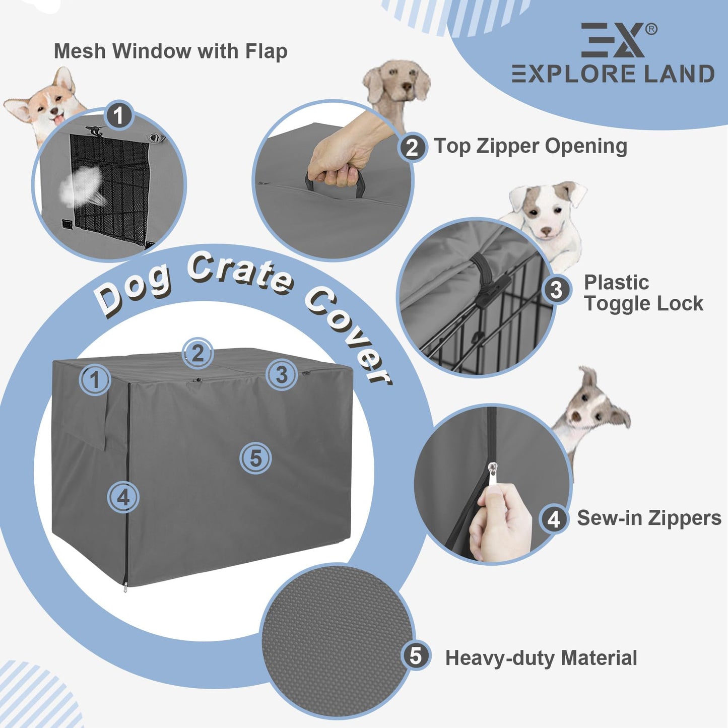 Explore Land Dog Crate Cover - Durable Polyester 30 Inch - Universal Fit for Metal Dog Crate (Grey)