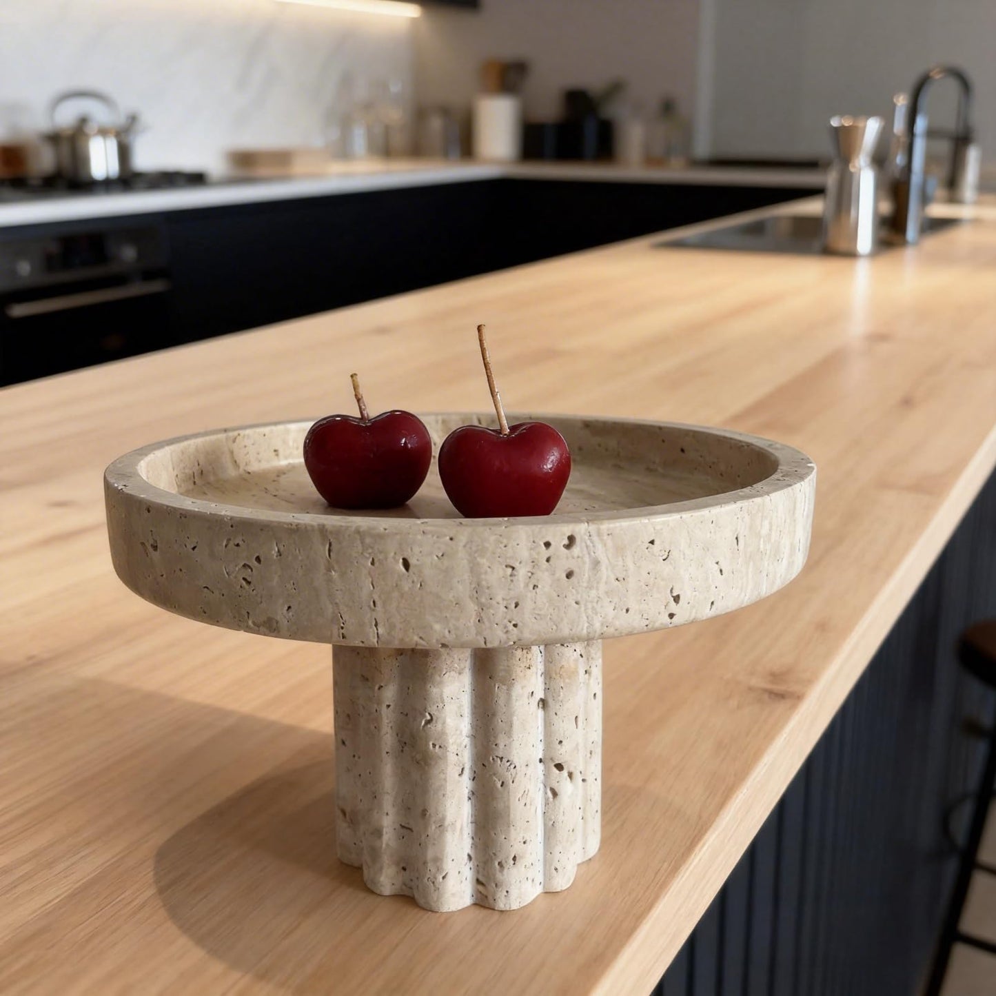 SAIDKOCC Natural Marble Decorative Tray, Scalloped Modern Vanity Organizer for Perfume, Candles, Jewelry Dish (Beige Travertine)
