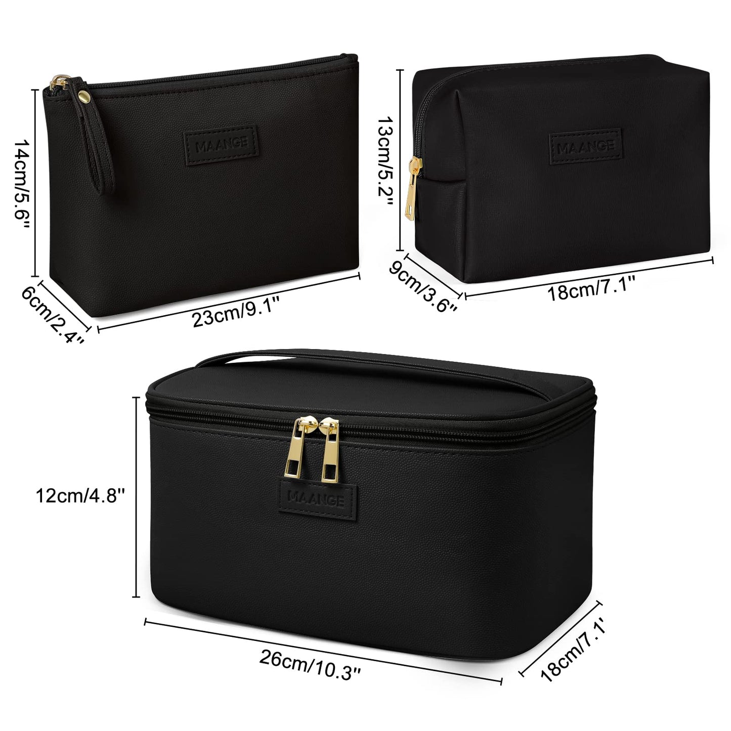 MAANGE 3 Pcs Makeup Bag(L+M+S) Travel Cosmetic Bags with Brush Compartment PU Leather Small Makeup Bag Portable Make Up Bag Versatile Zipper Makeup Pouch for Women, Black