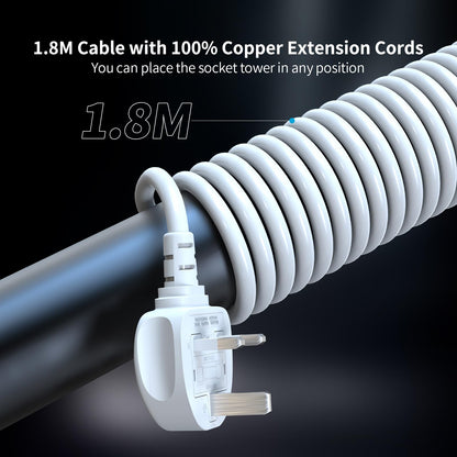 Tower Extension Lead with USB Slots and USB C Fast Charger, (13A 3250W) 5 USB Ports and 12 Way Extension Tower, Extension Cable for Home, Office (Gray and White, 1.8M)