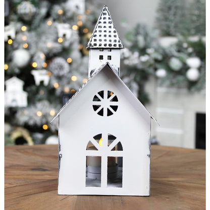 AuldHome Design Farmhouse Christmas Village Collection #2 w/Church, Barn and School (Set of 3, White); Candle Lantern Decorative Christmas Town Display