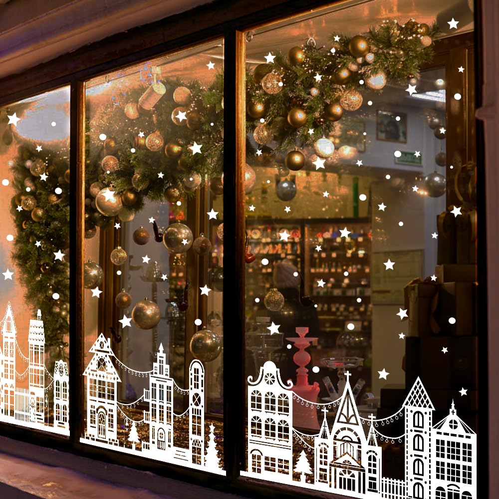 Vellibring 72" Christmas Window Clings,Winter House Window Decals White Simple Style Reusable Non Adhesive Street Scene Border Stickers for Home Cafe Shopping Mall Glass Door Christmas Decor