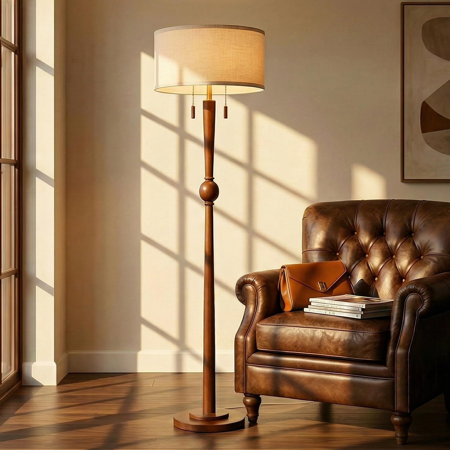 MOFFE 62.8" Solid Wood Floor Lamp,Tall Standing Floor Lamp with 2-Light Pull Chain, 17" Linen Drum Shade, Sculptural Wood Base & Stem,Transitional Floor Lamp for Living Room Bedroom, Includes 2 Bulbs