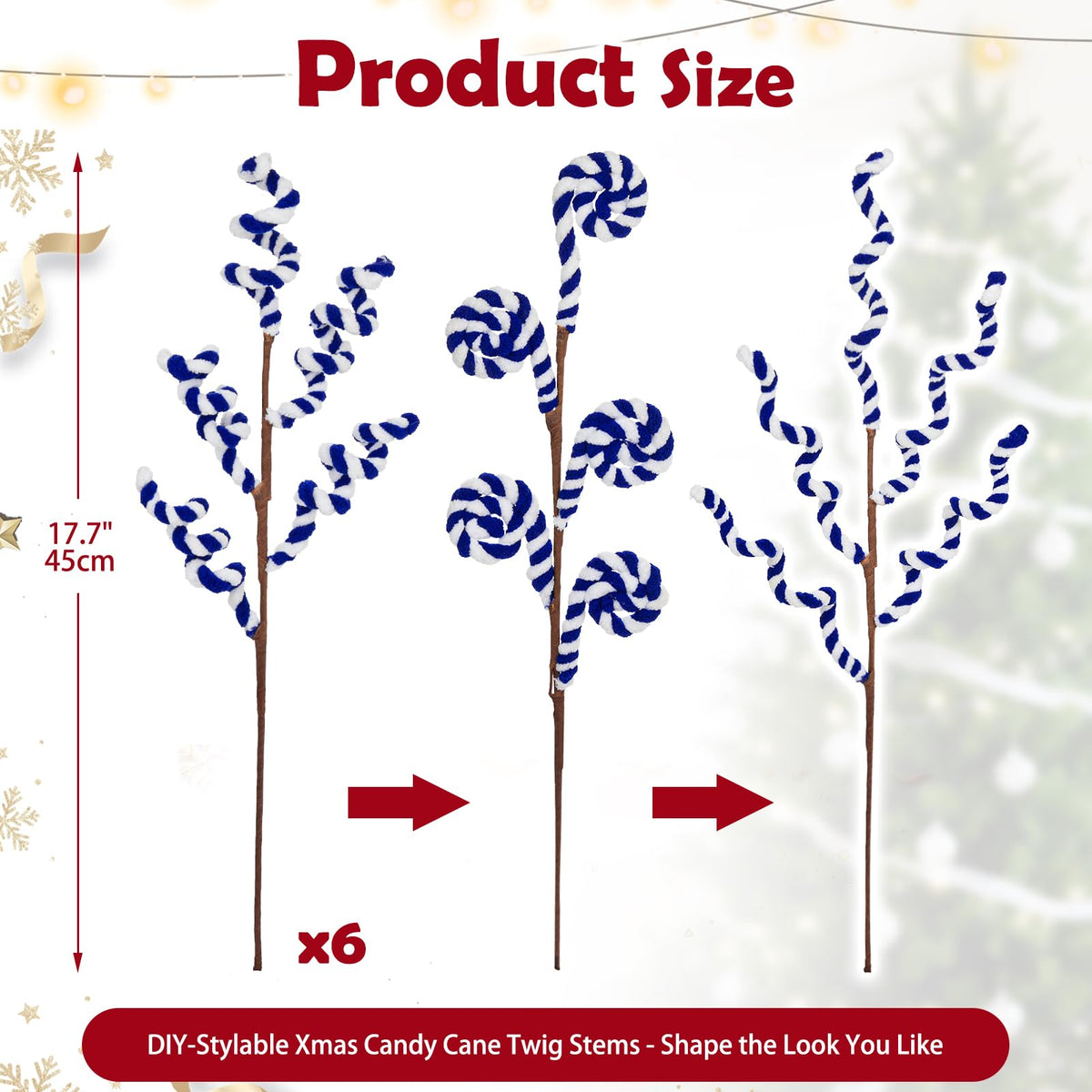 Briful 6 Pack Candy Cane Christmas Picks Spray, 17.7" Blue & White Candy Christmas Ornaments Xmas Tree Picks for Holiday Wreath Garland Vase Arrangement Decor