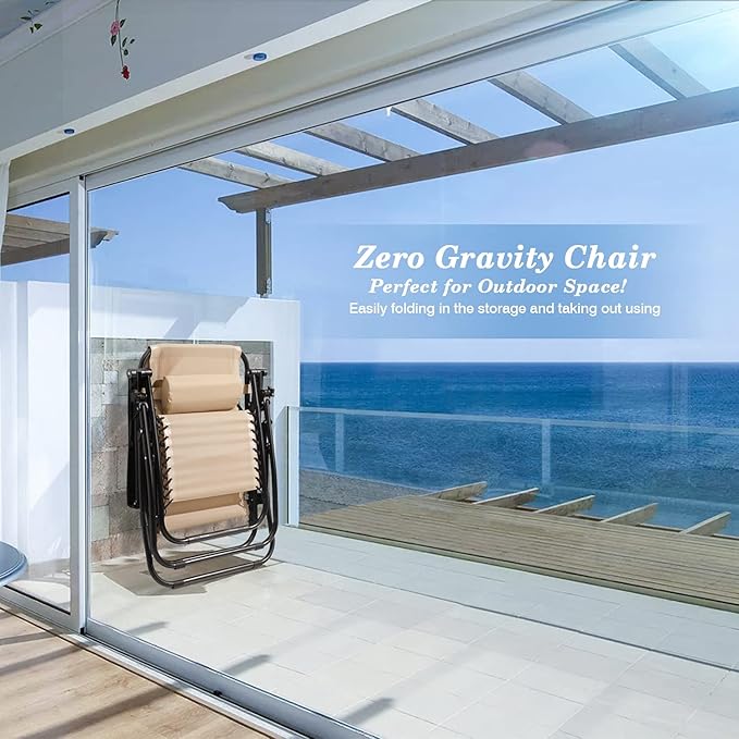 Homall Zero Gravity Chairs - Adjustable Folding Lawn Lounge Chairs with Pillows for Poolside, Backyard and Beach - Set of 2 (Cream-Coloured)