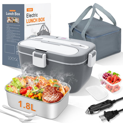 DUPASU Electric Lunch Box Food Warmer: 100W Heated Lunch Box for Adults, 1.8L Portable Fast Heating Lunchbox Food Heater for Car, Truck, Work, Travel, Lonchera Elctrica Porttil 12/24V/110-230V
