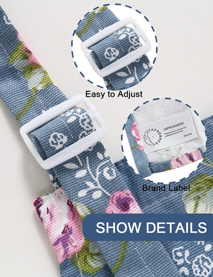 Cotton Linen Baking Plus Size Aprons for Women with Pockets Kitchen Cooking 2X-3X Blue Flowers