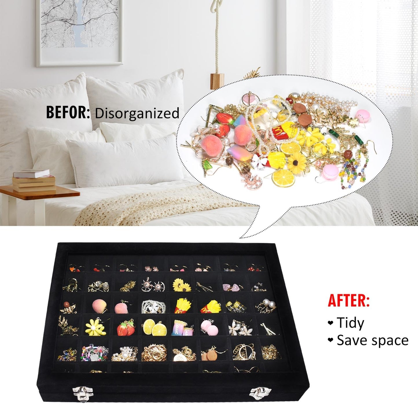 Vicoter Velvet Jewelry Tray 48 Compartments Jewelry Display Organizer with Transparent Cover Rings, Earrings, Necklaces, Pendants Storage Box for Girls, Wives, Mothers, Women