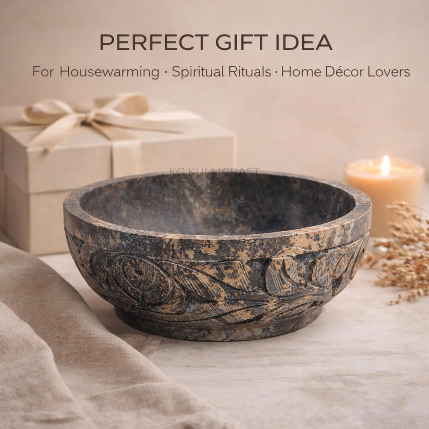 KC KULLICRAFT Marble Soapstone Natural Smudge Pot | Stone Bowl | Scrying And Smudge Bowl (Scrying - Bowls & Mirrors) (5 Inch) From India. Handmade Leaf Carved Design.