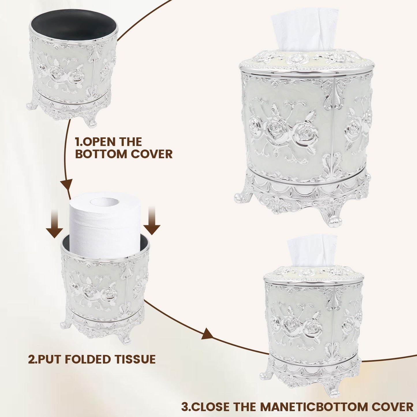 Geesatis Tissue Box Cover, Cylindrical Tissue Box Holder, Napkin Facial Tissues Holder for Bathroom Toilet Bedroom Living Room Table Desk Office Dresser, 1Pcs Silver 6.5''x6.1''