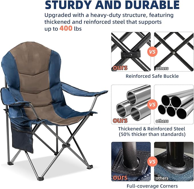 2 Pack Folding Camping Chairs for Adults - High Back Padded Outdoor Lawn Chairs with Lumbar Support & Cup Holder, 400lbs Heavy Duty Portable Camping Chairs Set (Blue & Brown, 2 PCS)