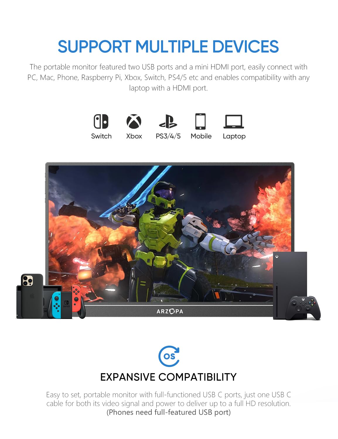 ARZOPA 2.5K Portable Monitor, 16 Inch 2560x1600 HDR 500nits 8bit QHD USB-C HDMI Laptop Monitor, 16:10 IPS Eye Care External Second Screen for Mac PC Phone PS4/5 Xbox (Z1RC)