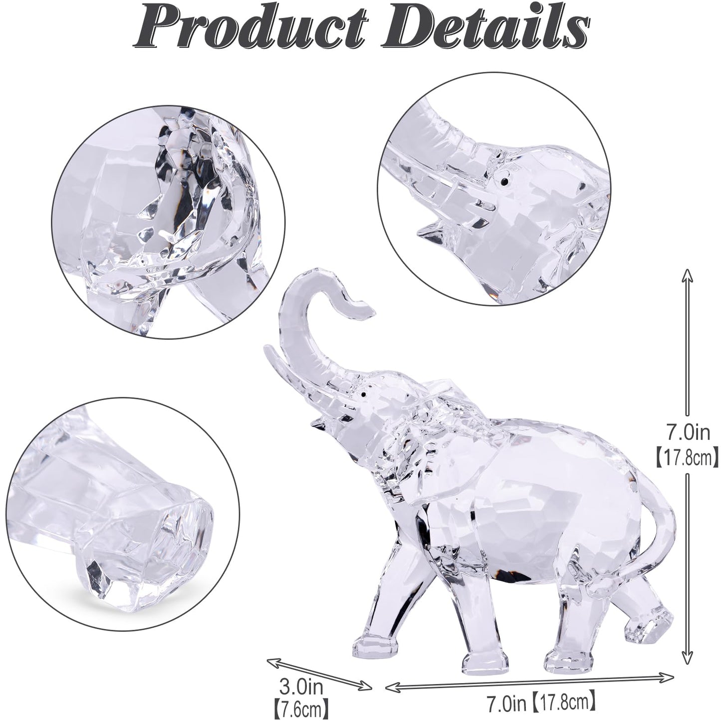 Acrylic Clear Elephant Figurines Crystal Glass Finish, High End African Statues for Home Decor, Elephant with Trunk up, Large Elephants Statue Sculpture, Lucky Gifts Office Feng Shui Elephants