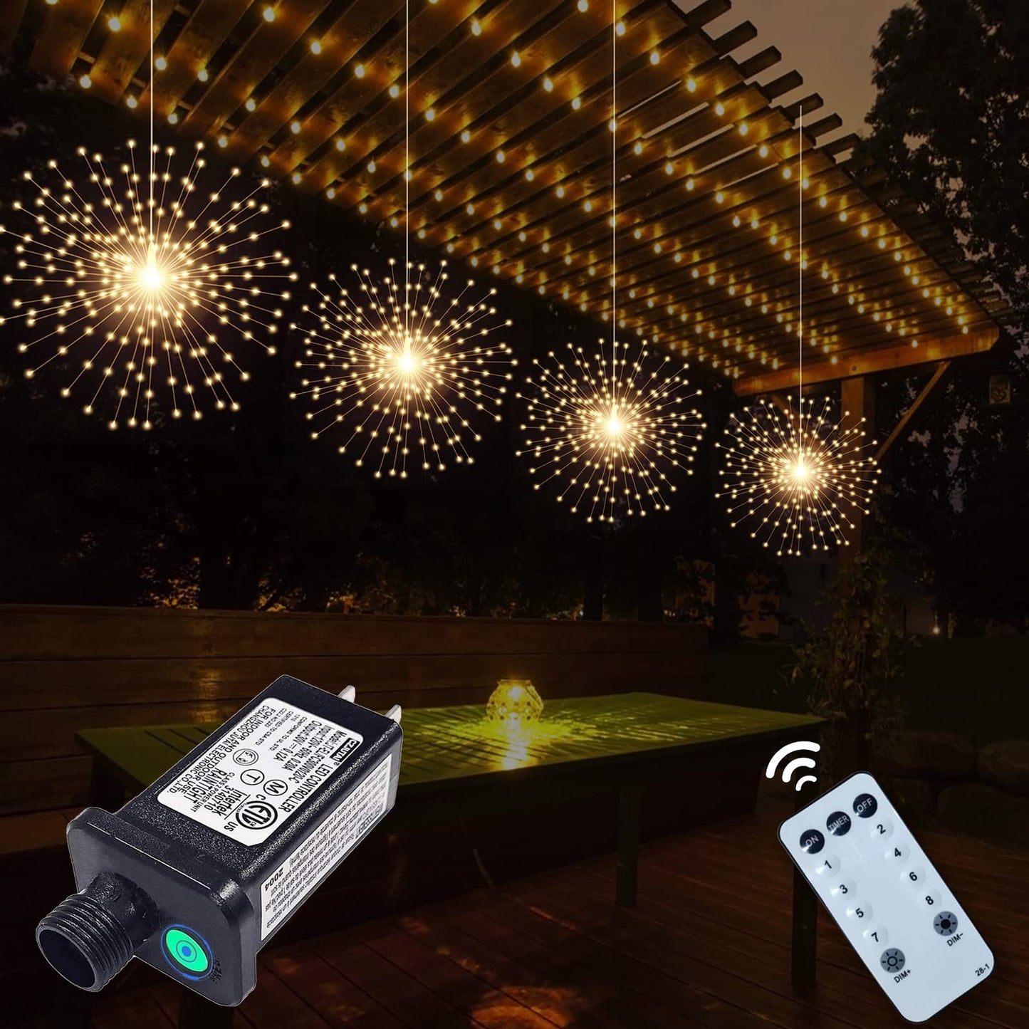 4 Pack 800 LED Plug in Starburst Sphere Lights,Firework Light 8 Modes Dimmable Remote Control,Waterproof Copper Wire Hanging Fairy Lights for Patio Parties Tent Christmas (Warm White)