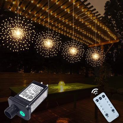 4 Pack 800 LED Plug in Starburst Sphere Lights,Firework Light 8 Modes Dimmable Remote Control,Waterproof Copper Wire Hanging Fairy Lights for Patio Parties Tent Christmas (Warm White)