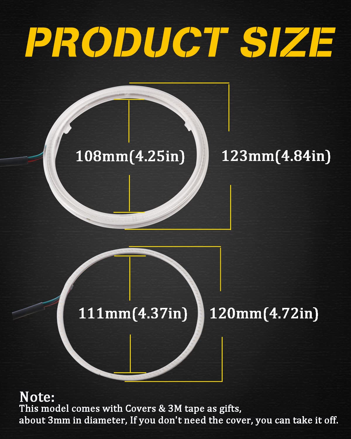 QasimLED 1-Pair 120MM 120SMD COB RGB LED Halo Ring Angel Eyes Universal for Motorcycle Car Headlight Warning Lamp with Cover Bluetooth Mobile APP Control 12V DC