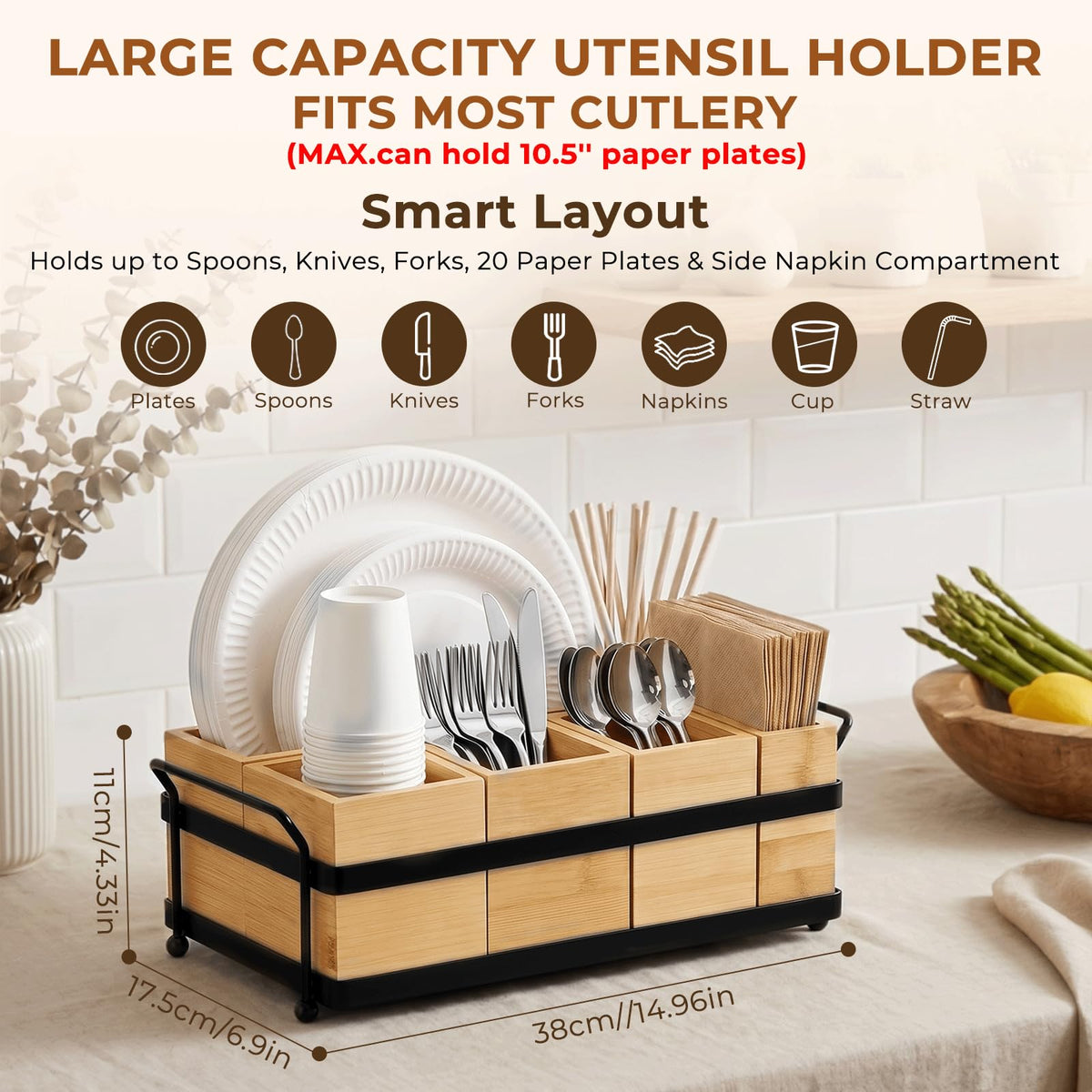 Eclove 5-in-1 Bamboo Utensil Caddy and Paper Plate Organizer - Wooden Silverware Caddy with Napkin Holder and Portable Handle - Flatware Organizer for Kitchen Countertop, Camper RV, Buffet Party