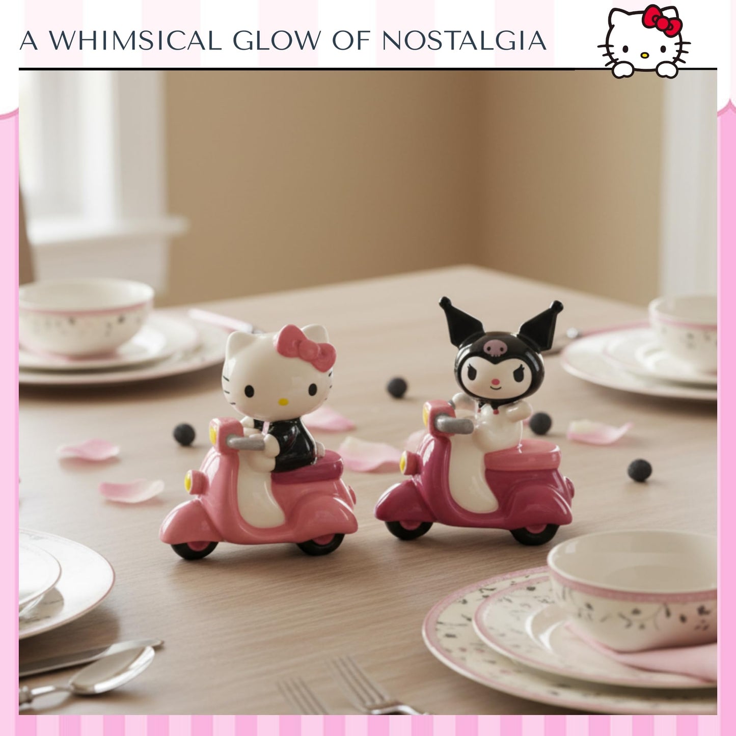 Blue Sky Clayworks Hello Kitty & Kuromi Scooter Salt and Pepper Shaker Set, 7” Licensed Sanrio Collectible