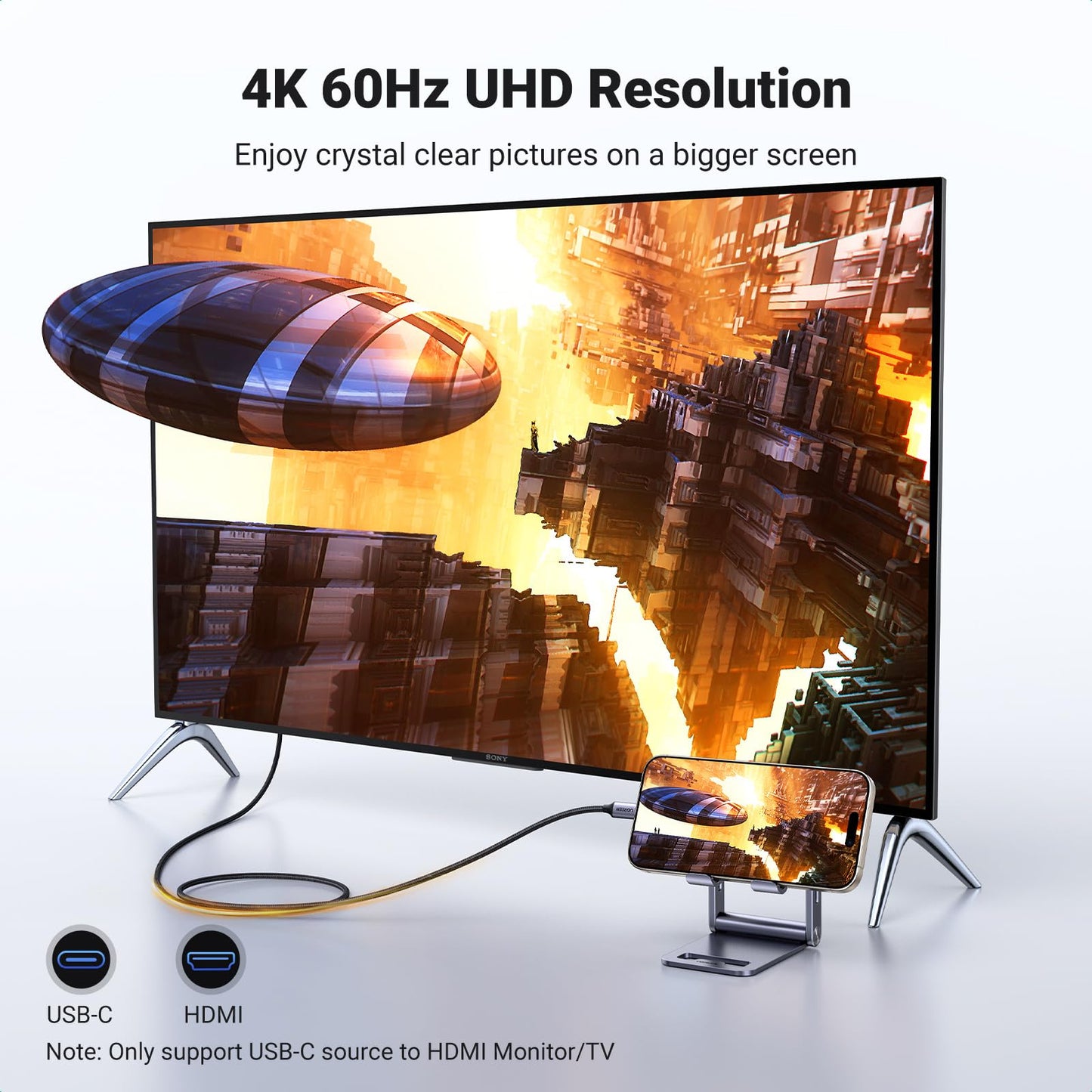 UGREEN USB C to HDMI Cable 4K@60Hz 1440P@120Hz 1080P@240Hz Type C Thunderbolt 5 4 3 to HDMI 2.0 HDR Adapter Compatible with iPhone 16 15 MacBook Pro Air Mac Mini, iMac iPad Galaxy S25 Ultra S24(2M)
