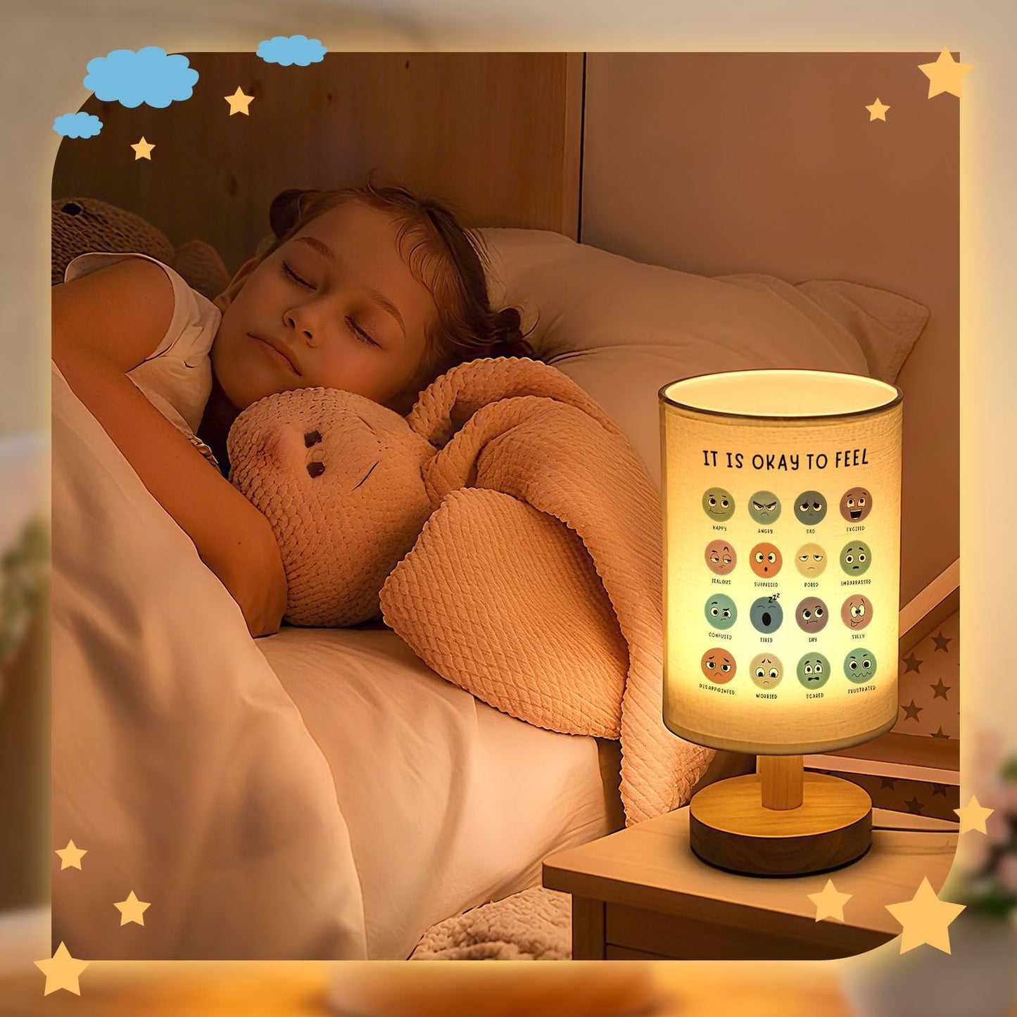 Baquler Bedside Table Lamp Boho Table Lamp Decorations for Bedroom It is Okay to Feel Classroom Light with USB Wood Base Cozy Nightstand Gifts Light for Counseling Home Desk Living Read Work