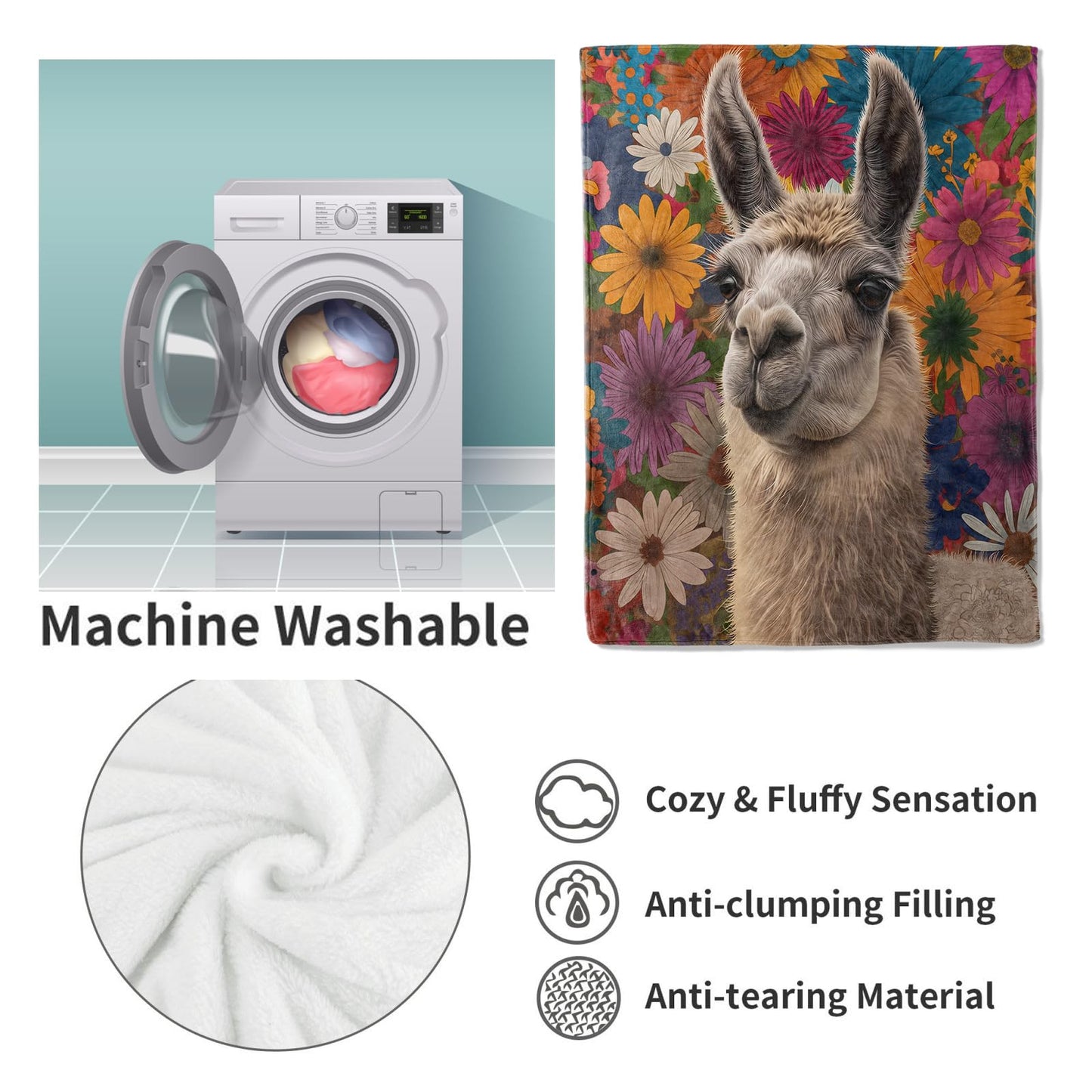 VANZEV Floral Llama Throw Blanket Gifts for Women, Boho Style Blankets for Living Room Home Decor, Cozy Flannel Llama Animal Plush Throws 50"x60"