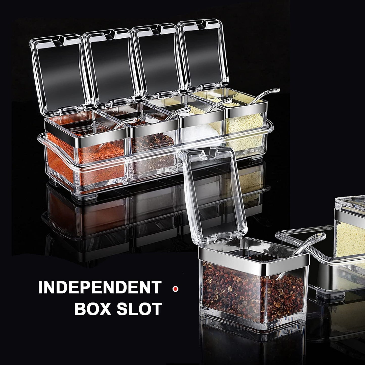 Acrylic Seasoning Box Set, 4 Piece Clear Premium Quality Storage Rack Spice Pots Condiment Jars for Salt Sugar Cruet Kitchen Organization Containers with Cover and Spoon