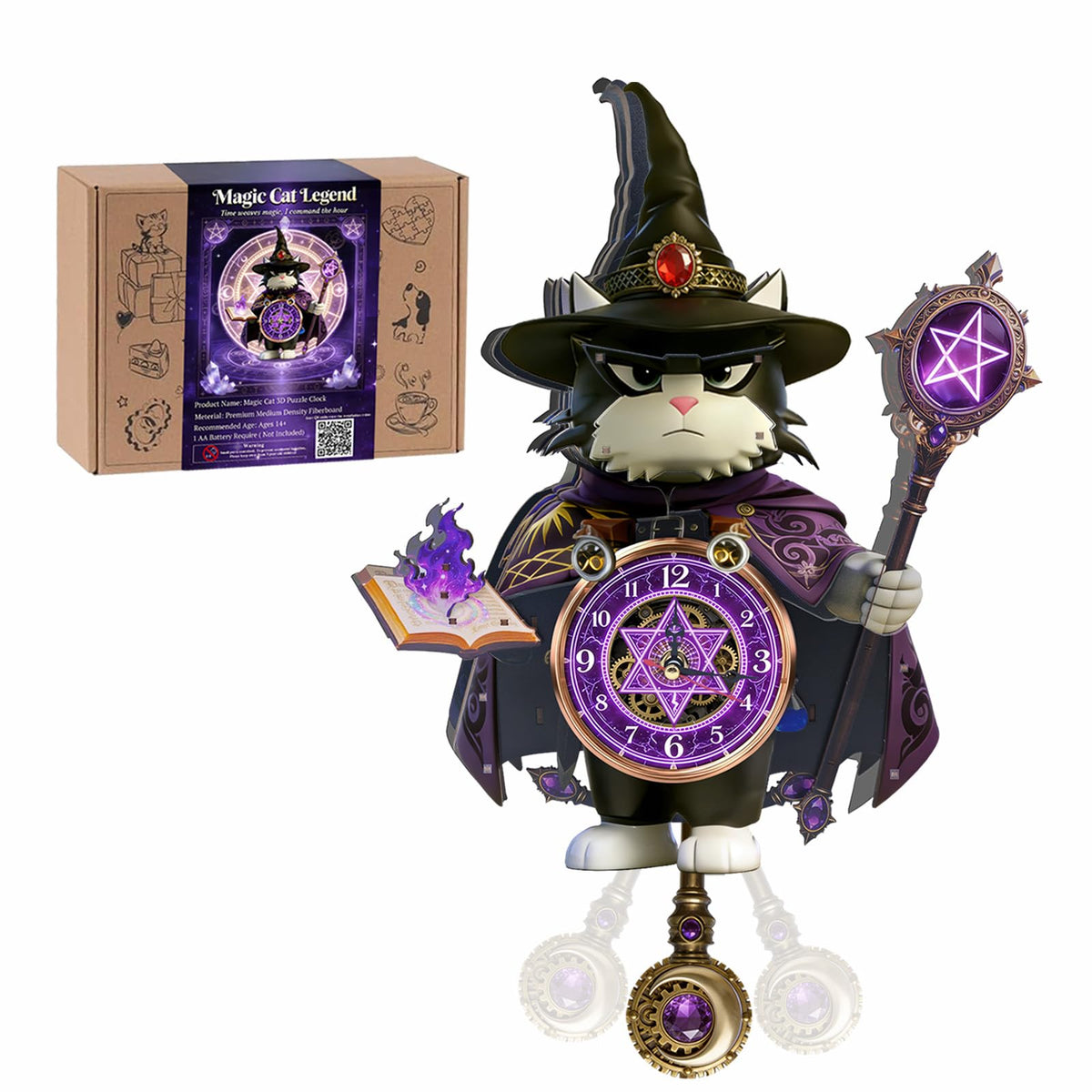 3D Wooden Puzzle Clock for Adults and Kids,Magic Cat Legend Wizard Cat 3D Stackable Design, 3D Puzzles for Adults Kids Room Home Decor, Unique Gift for DIY Enthusiasts & Fantasy Lovers