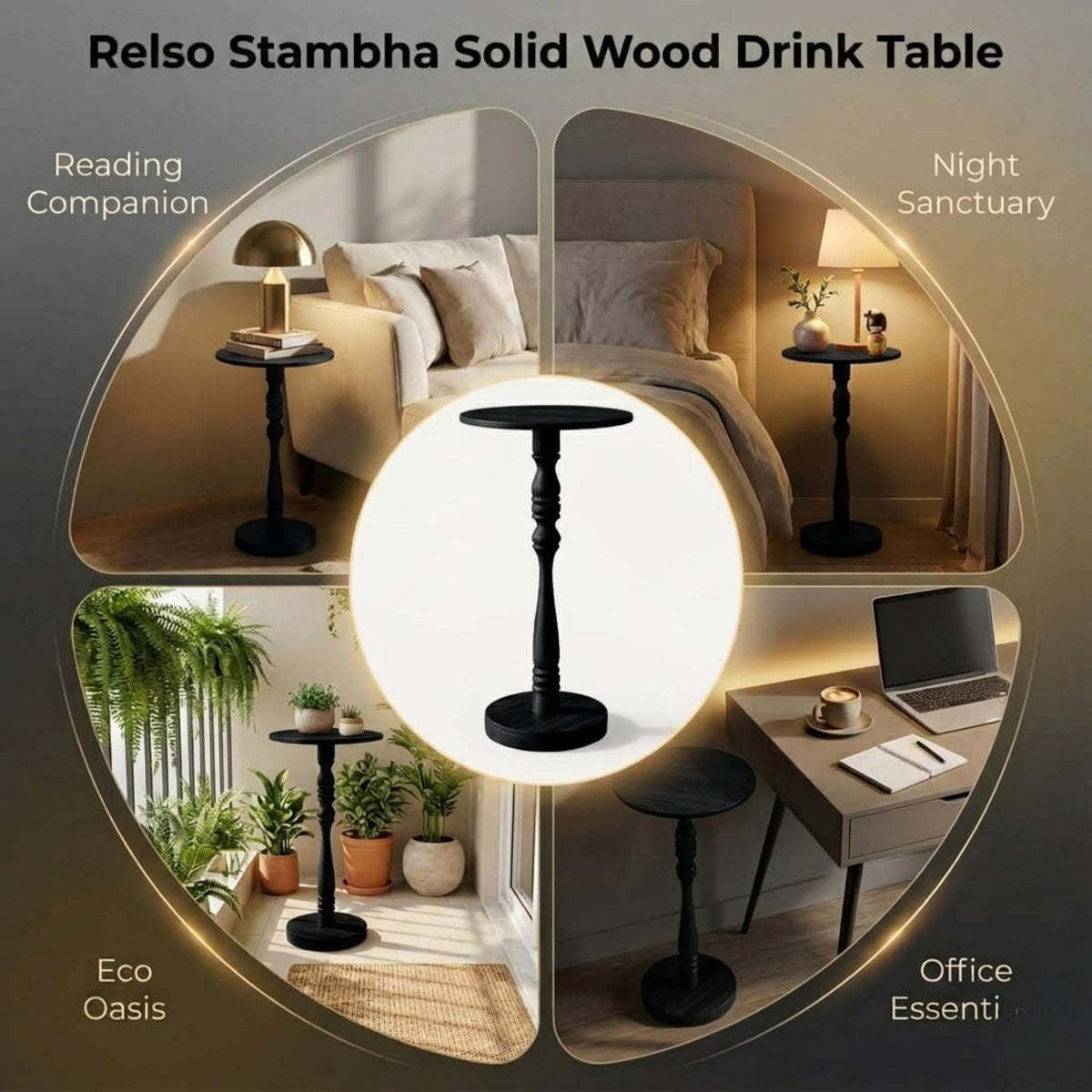 Relso Stambha Solid Wood Drink Table - 24" Tall Round Accent Side Table, Handcrafted Black Finish, Mango Wood, Perfect for Living Room, Bedroom or Indoor Plant Stand, 12" Compact Top