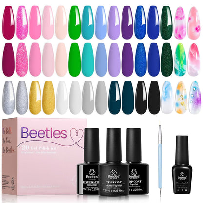 beetles Gel Polish Set - 23Pcs Macaroon Color Gel Nail Kit with Glossy Matte Top Coat Base Coat Yellow Pink White Purple Blue Glitter Bright Uv Nails Paradise Pastel Gel Halloween Gifts for Women