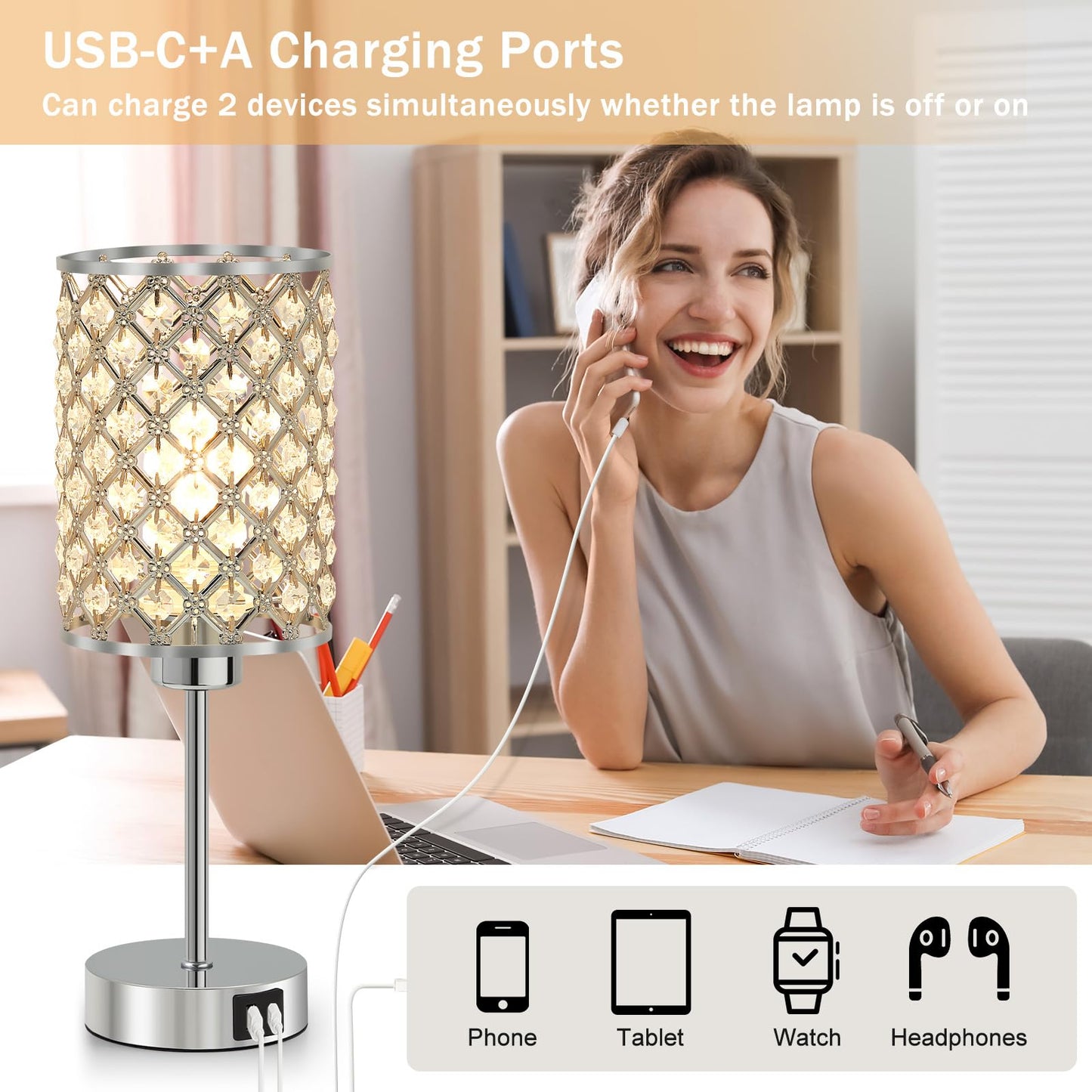 GyroVu Crystal Touch Table Lamp for Bedroom, Silver Desk Lamp with USB-C & USB-A Ports, Dimmable Modern Bedside Lamp for Nightstand, Living Room & Home Office - LED Bulb Included
