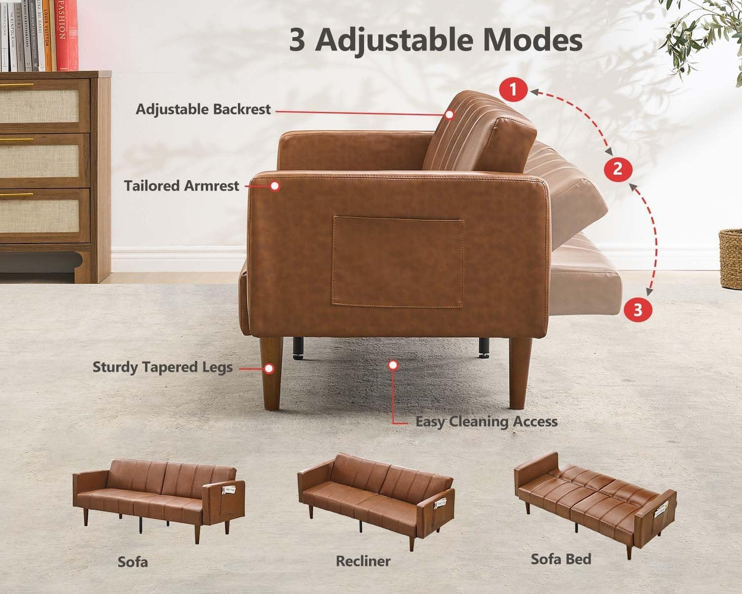 GOCAPTAIN 75" Convertible Futon Sofa Bed, Mid-Century Modern PU Leather Couch with Adjustable Backrest, Sleeper Loveseat with Side Pockets, Easy Assembly for Living Room & Guest Room (Brown)