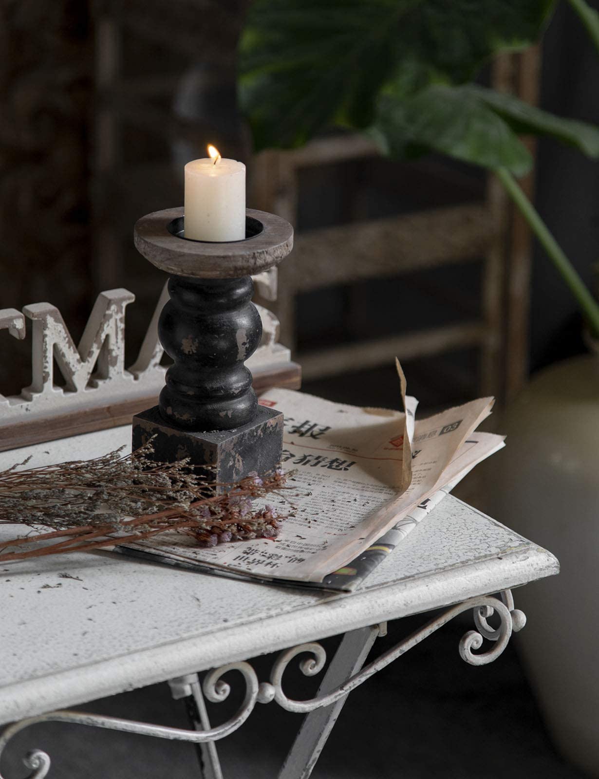 Wooden Black Candle Holder, Decorative Candle Holders for Table, Rustic Pillar Candle Holder, Table Centerpieces for Dining Room, Shabby Chic Candlestick, Home Decor (3.9" x 3.9" x 7.1")