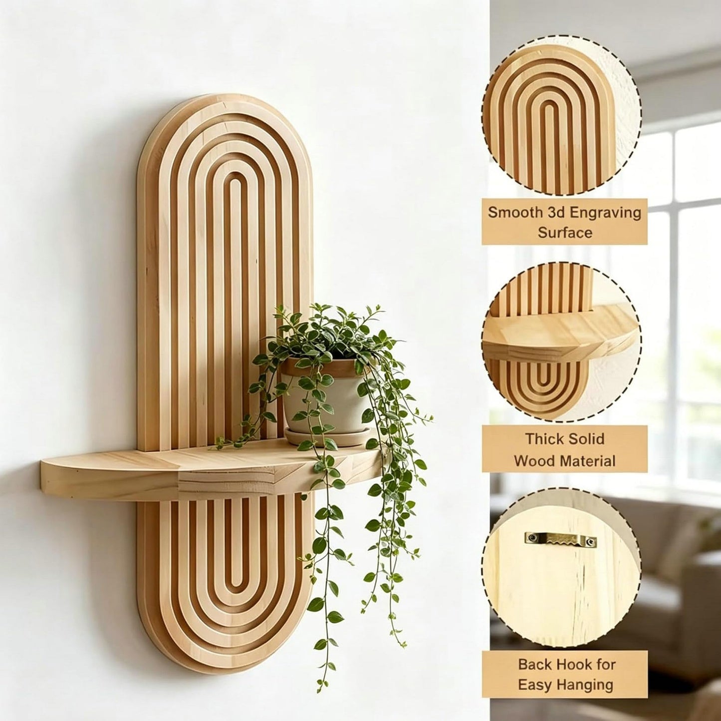 Natural Solid Wood Arched Wall Mount Shelf, Floating Decor Display Shelving for Succulents, Mini Plants, Home Decor & Bathroom Small Ornaments (Natural, 11.8" X 7.8")