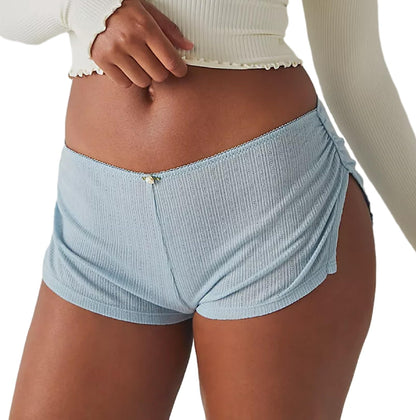 KMBANGI Y2k Sexy Micro Shorts for Women Low Waist Side Slit Mini Boyshorts Slim Pajamas Shorts Lounge Pjs Bottoms Sleepwear(Cute Blue,S)