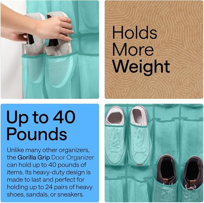 GORILLA GRIP Over the Door Shoe Organizer, 24 Large Breathable Mesh Pockets