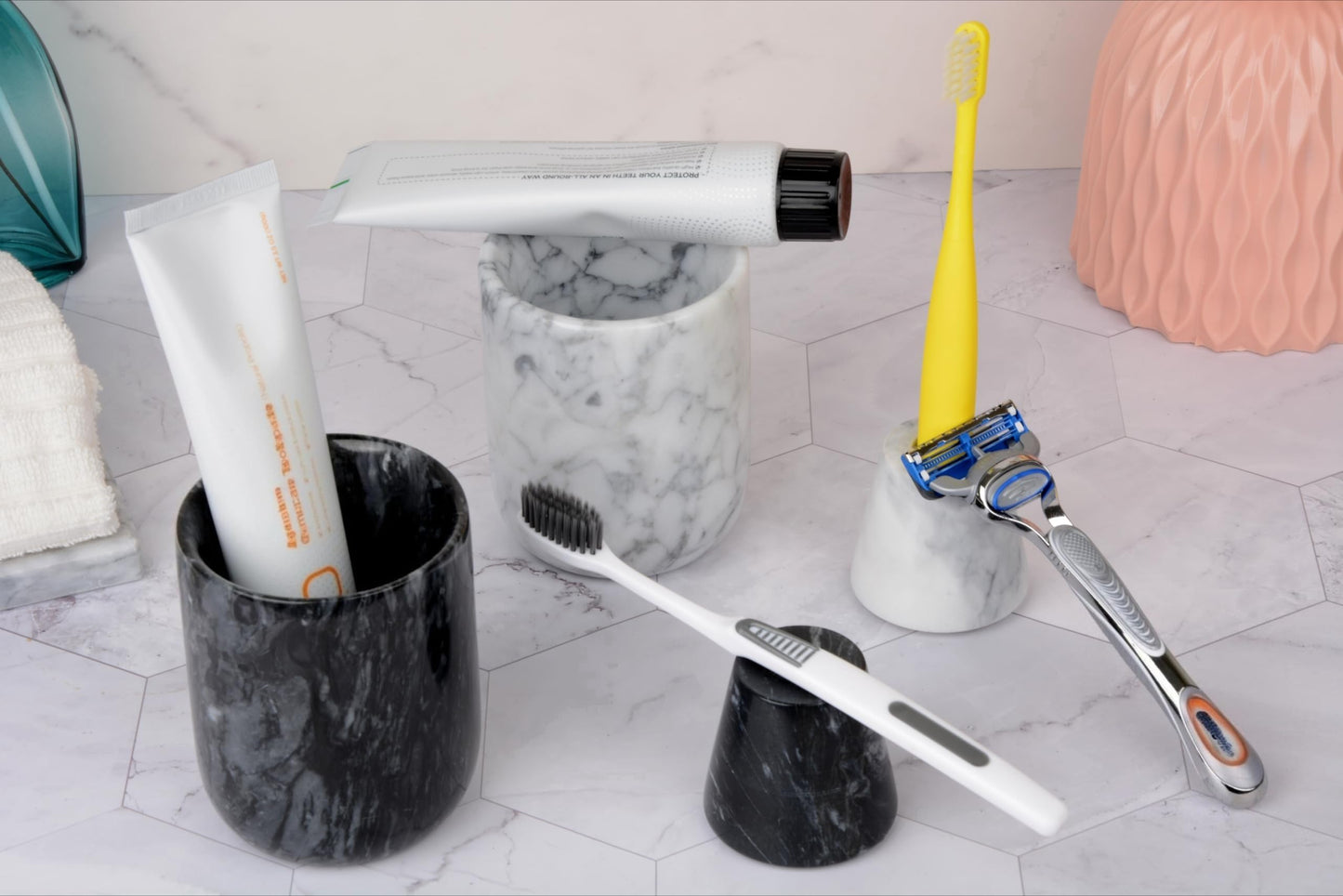 Natural Marble Toothbrush Holder and Toothbrush Cup Set,Handmade Toothbrush Holder for Bathroom Countertop Toothbrush and Toothpaste Holder Set,Better Choice for Housewarming Gift（Black Grey）