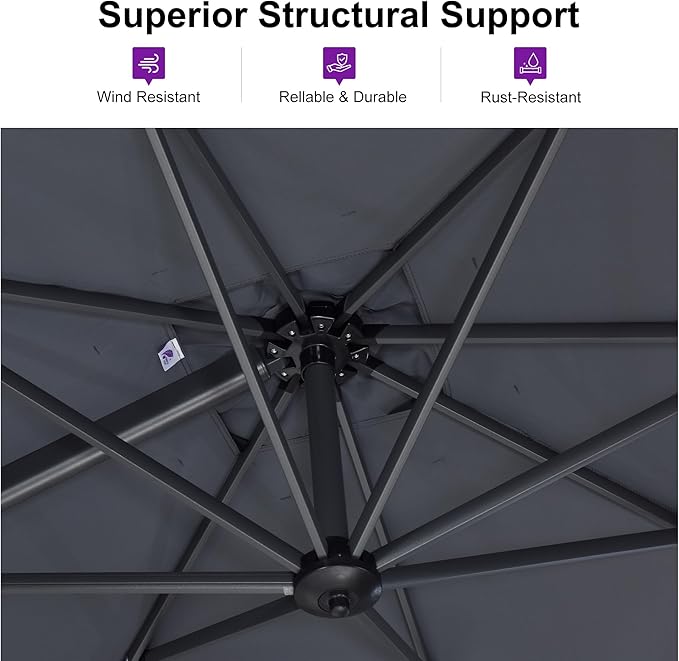 PURPLE LEAF 9'×9' Patio Umbrella with Base Outdoor Cantilever Umbrella with Cover Aluminum Square Offset Umbrella with 360-degree Rotation for Deck Pool Garden Grey