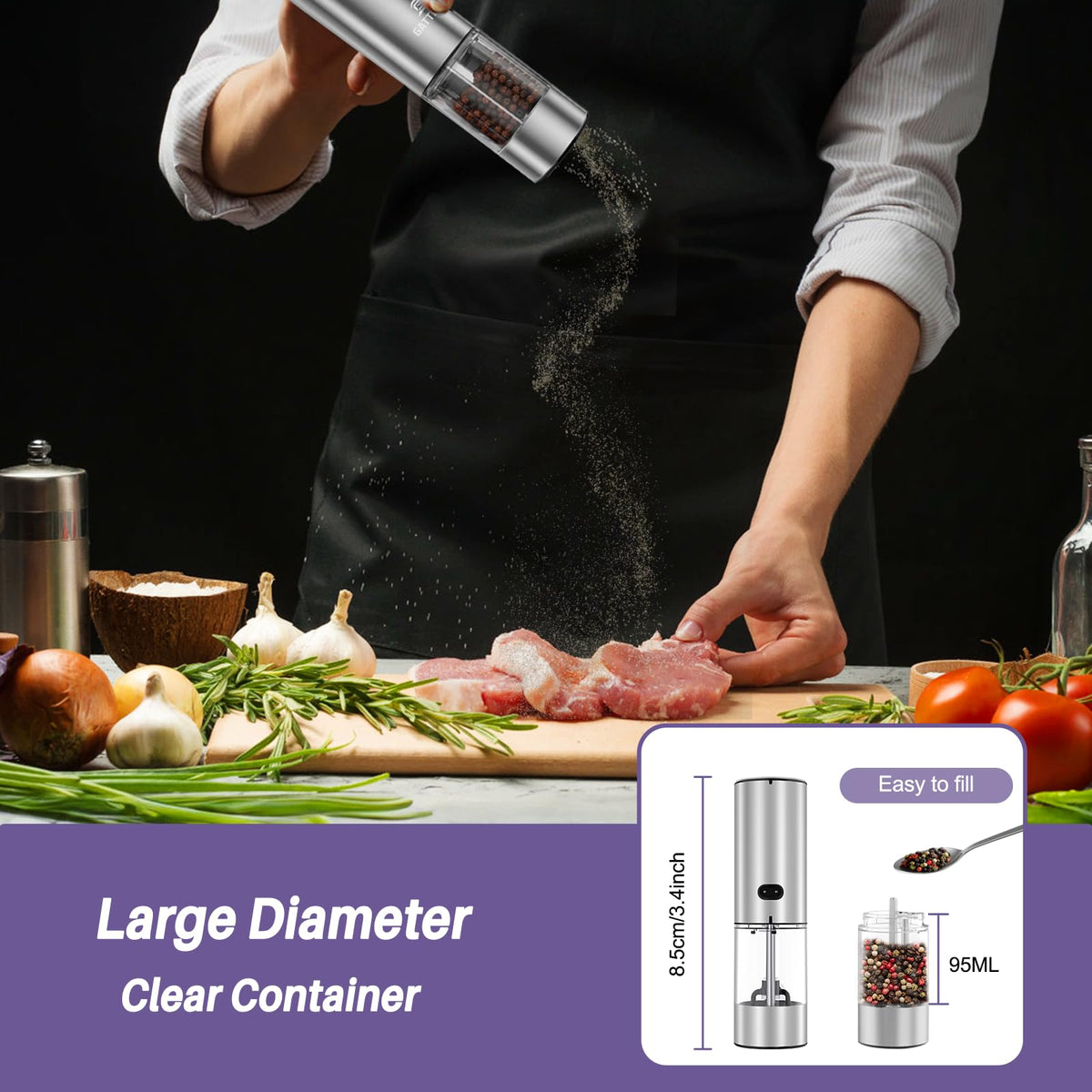Electric Salt and Pepper Grinder Set, Automatic Pepper Mill Grinder w/Upgraded Charge Base and LED Light,Adjustable Coarseness,Rechargeable Black Peppercorn & Sea Salt Spice Mill Set