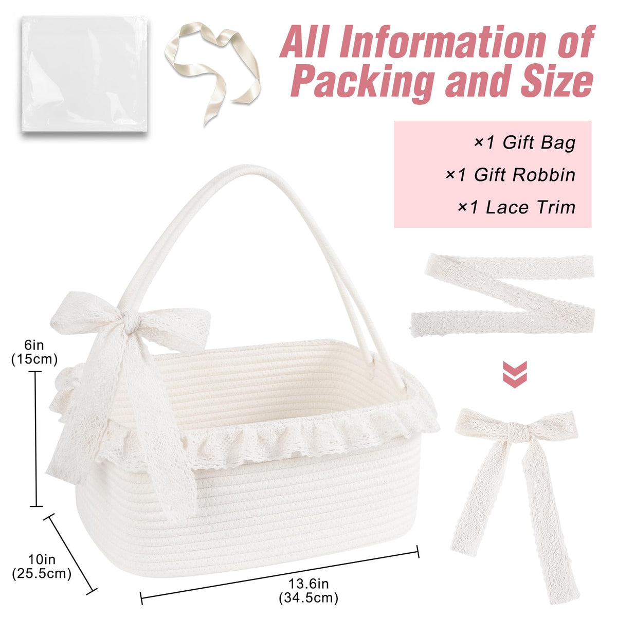 OIAHOMY Gift Basket with Long Handles, Large Woven Baskets for Gifts with Gift Bag, Ribbons and Lace, Cotton Rope Storage Basket for Birthdays, Baby Showers, Picnic, Wedding DIY Presents - White