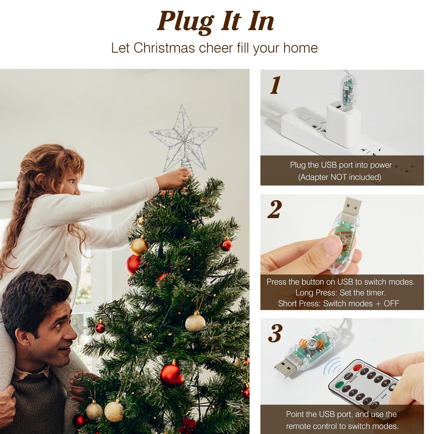 Lewondr Christmas Star Tree Topper, USB Powered Remote Controlled 11 Inch Christmas Tree Topper Beaded Star Light, 6H Timer Christmas Tree Star Topper for Xmas Tree Home Holiday Party Decor, Silver