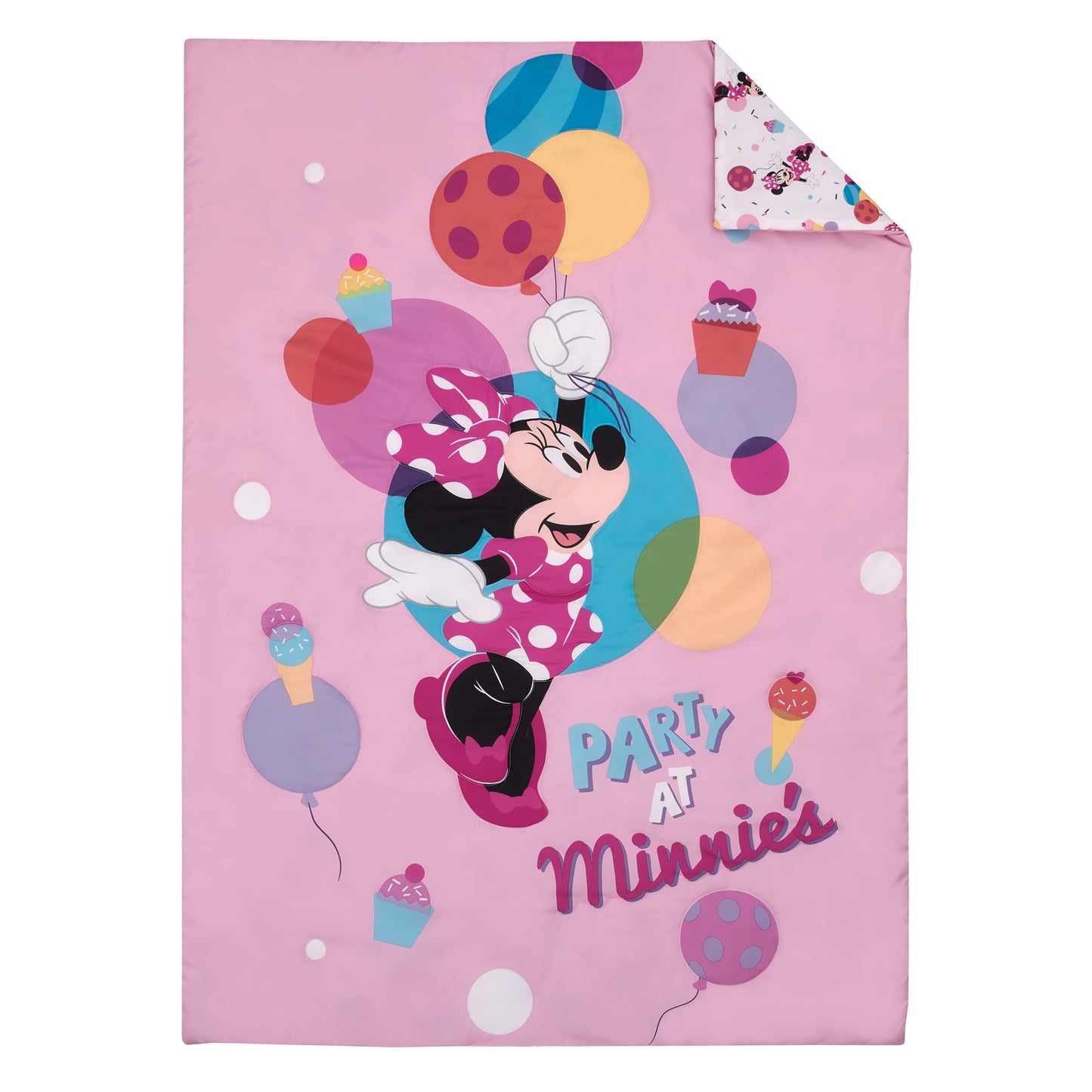 Disney Minnie Mouse Let's Party Pink, Balloons, Cupcakes, and Confetti Party at Minnie's 4 Piece Toddler Bed Set - Comforter, Fitted Bottom Sheet, Flat Top Sheet, and Reversible Pillowcase