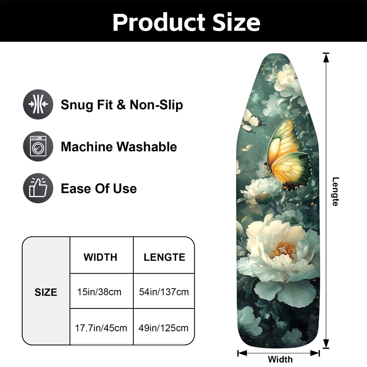Ironing Board Cover for Crafting, Flat Decoration with Elastic Edge Standard Size, Perfect for Home Laundry Room, Ideal Gift for Craft Enthusiasts (Butterfly, 18" x 49")