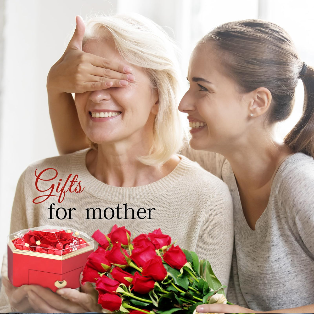 Joniuuca Preserved Real Red Rose Gift Box with Heart Necklace - Eternal Flower Gift for Mothers Day, Girlfriend, Wife, Mom on Valentine's Day, Birthday, Christmas, Anniversary, Thanksgiving(Golden)
