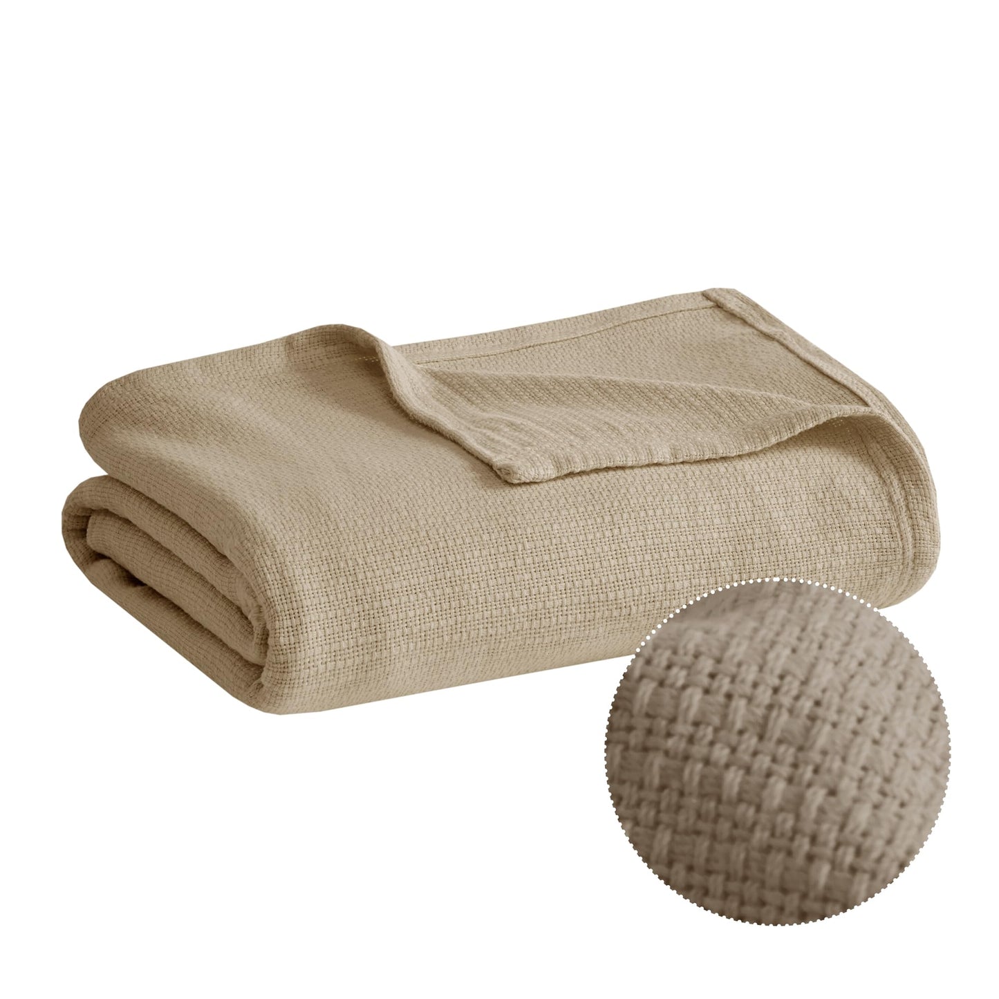 Madison Park Freshspun Basketweave Luxury Cotton Blanket Khaki 108x90" King Size Basketweave Premium Soft Cozy 100% Cotton For Bed, Couch or Sofa
