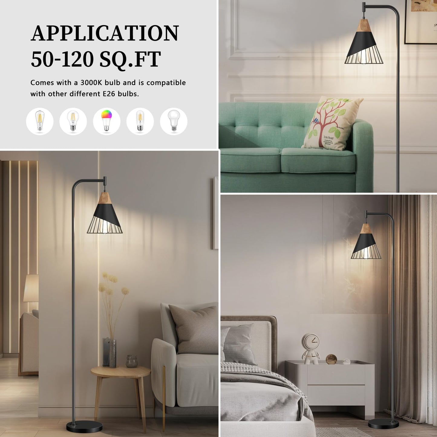 Alrryo 67" Industrial Floor Lamp with Wood & Black Metal Shade, Modern Standing Lamp, Rustic Farmhouse Tall Lamp for Living Room Bedroom Office, 2700K Bulb & Foot Switch Included (Black)