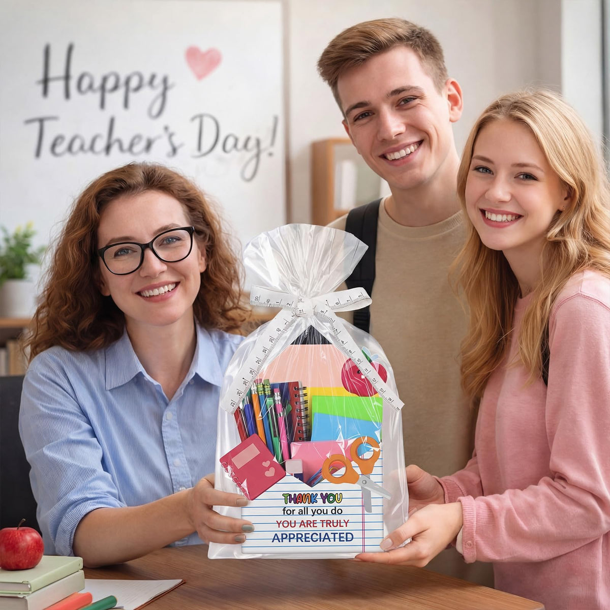 Eaasty 12 Pack Teacher Appreciation Gifts Bulk, Thank You Teacher Gift Boxes with Ribbon Cards, Foldable Pencil Design Paper Basket for End of Year Party Decorations