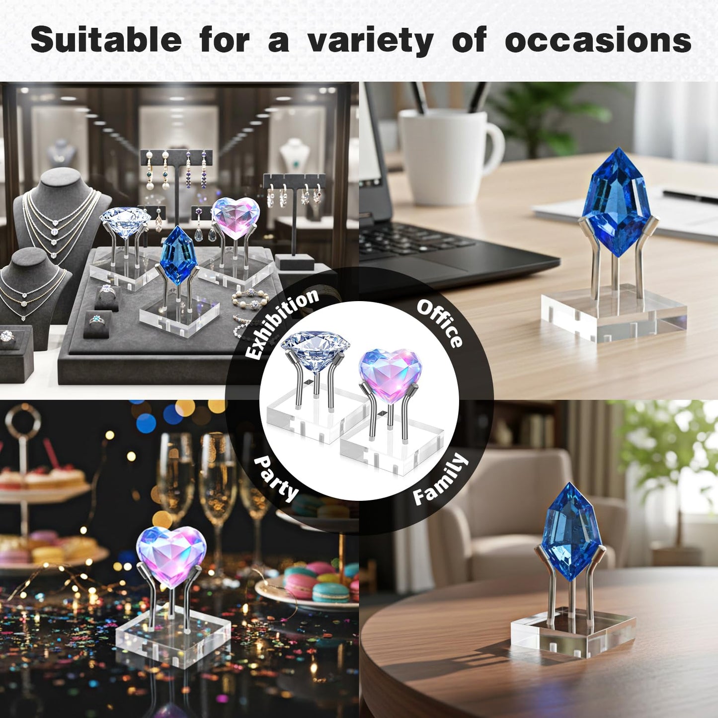 AOZUO 12 Pack Rock Display Stands, Stainless Steel 3 Pegs Rock Display Easel Stands, Clear Acrylic Base Display for Fossil Coral Crystal Geodes Mineral Agate Small Collectibles