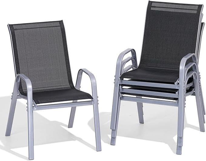 Patio Chairs Set of 4, Easily Set Up Stackable Outdoor Dining Chairs with High Back and Wide Seat, All Weather Breathable Outdoor Chairs Set of 4 with Metal Frame for Backyard Deck Pool, Black