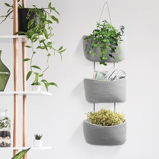 TeoKJ Over the Door Organizer, 3-Tier Woven Cotton Hanging Kitchen Baskets